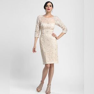 SUE WONG Blush Lace Macramé Illusion 3/4 Sleeve Cocktail Dress